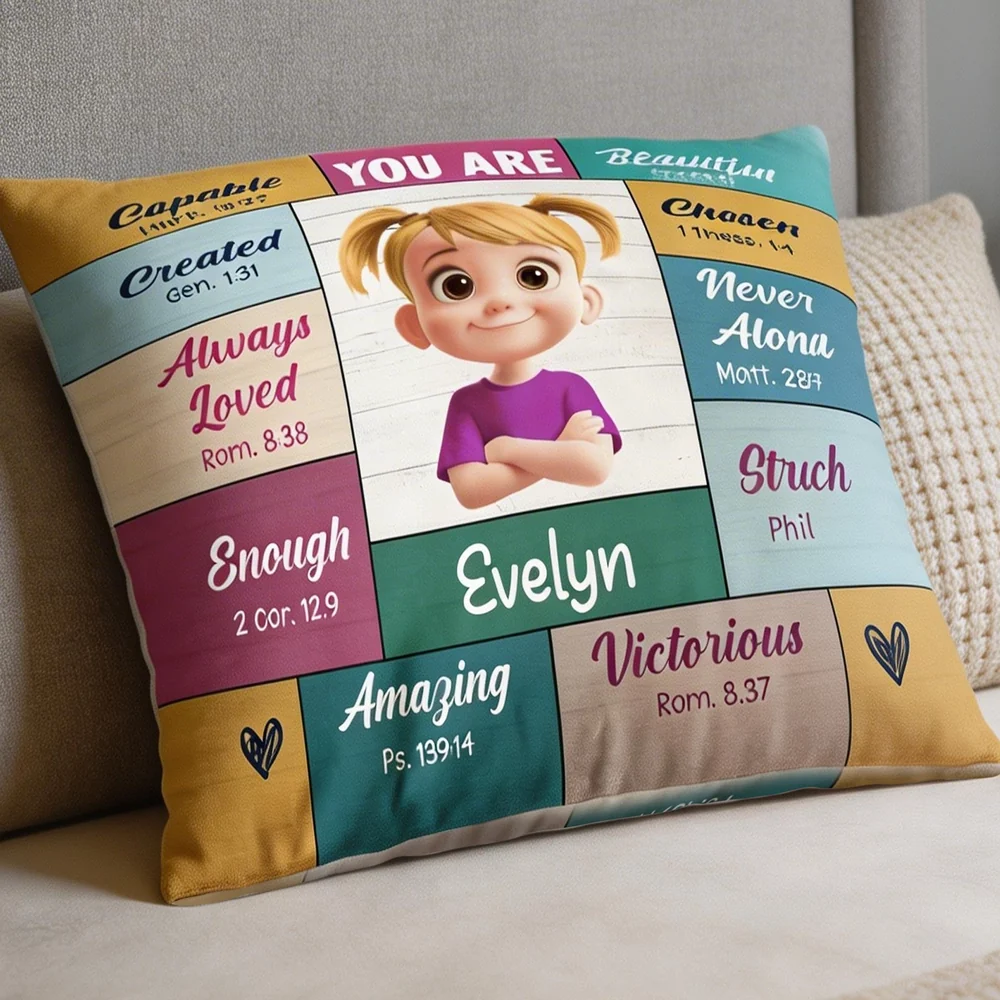 Square Pillow with 'You Are' Bible Verse Affirmations, Bright Pastel Nursery Accent, Thoughtful Personalized Gift for Kids - Image 4