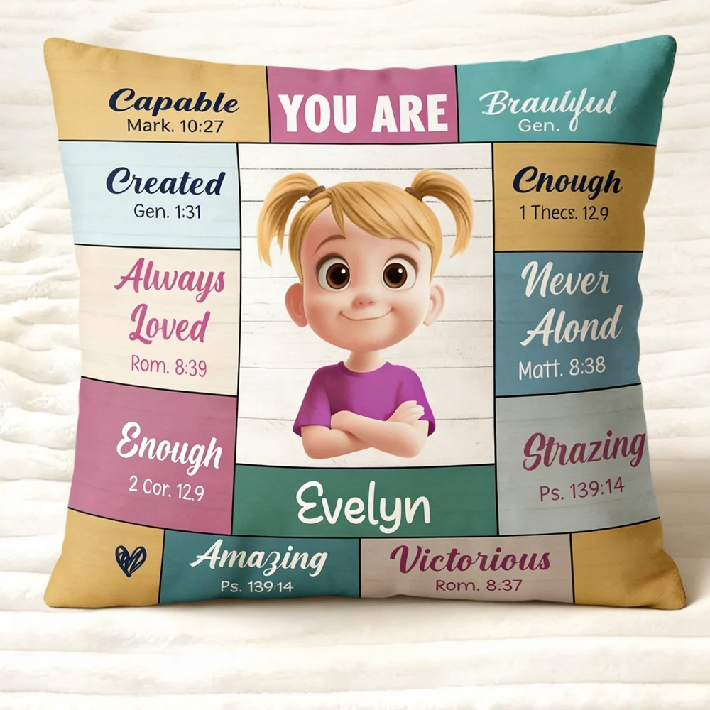 Square Pillow with 'You Are' Bible Verse Affirmations, Bright Pastel Nursery Accent, Thoughtful Personalized Gift for Kids - Image 5
