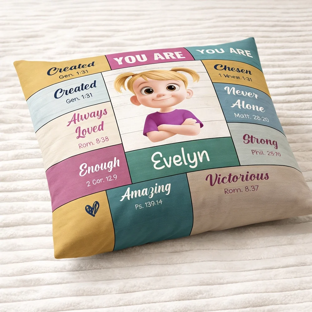 Square Pillow with 'You Are' Bible Verse Affirmations, Bright Pastel Nursery Accent, Thoughtful Personalized Gift for Kids - Image 6