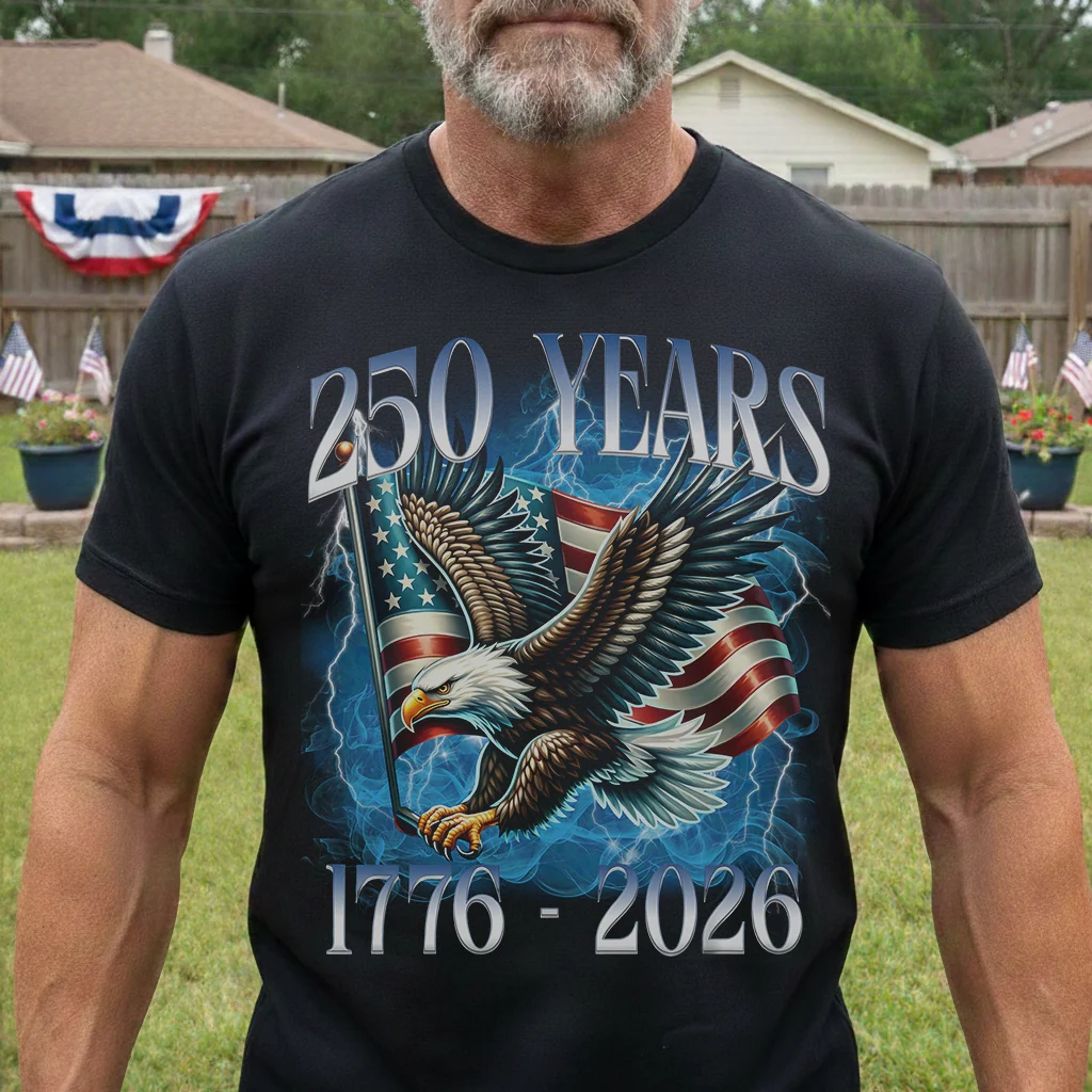 250 Years Patriotic Eagle Over American Flag Classic Tee, Bold Lightning Art, Unique Creative Gift for Proud Americans - Image 3