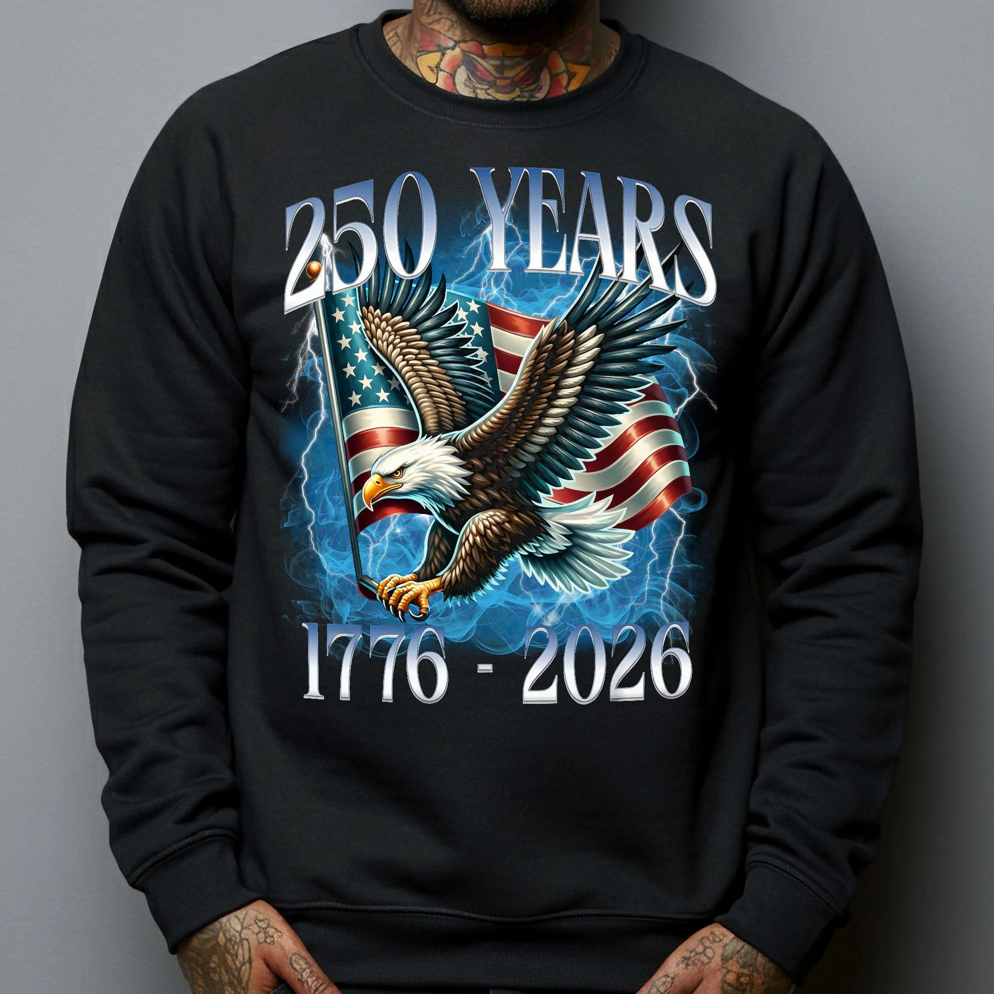 250 Years Patriotic Eagle Over American Flag Classic Tee, Bold Lightning Art, Unique Creative Gift for Proud Americans - Image 5