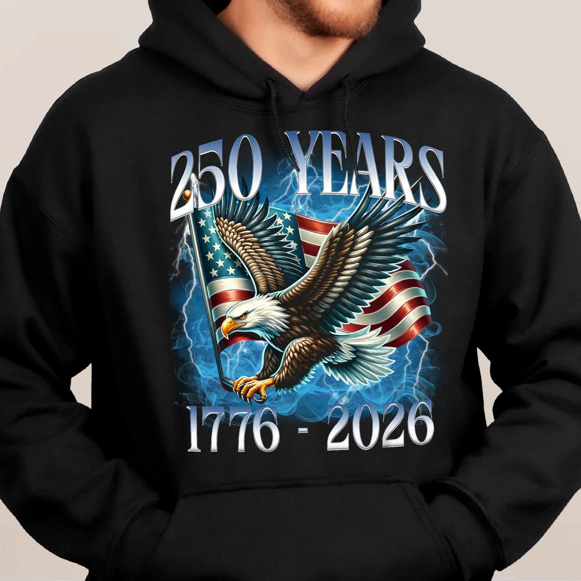 250 Years Patriotic Eagle Over American Flag Classic Tee, Bold Lightning Art, Unique Creative Gift for Proud Americans - Image 7