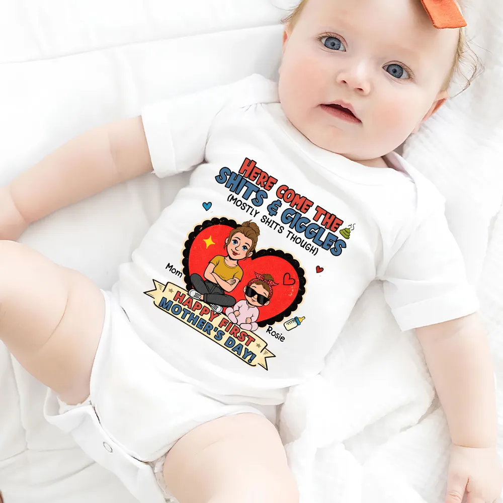 Here Come The Giggles Personalized Short Sleeve Baby Onesie, Funny First Mother's Day Gift for New Mom - Image 4