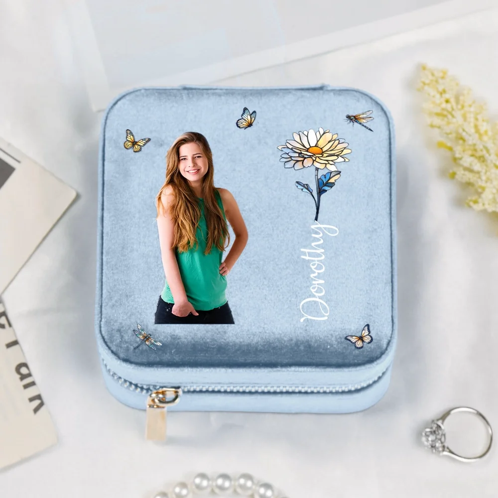 Personalized Velvet Travel Jewelry Box with Custom Photo & Birth Flower, Unique Keepsake Gift for Daughter or Sister - Image 3