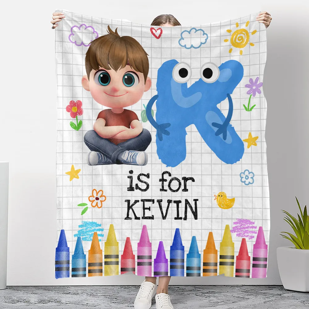 Cute Cartoon Baby Holding Big Letter Fleece Blanket, Personalized Nursery Throw For Snuggles & Smiles, Thoughtful Gift - Image 3