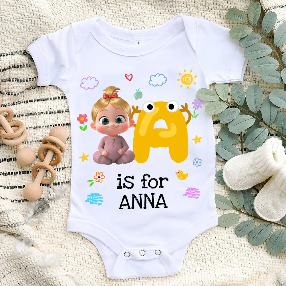 Short Sleeve Baby Onesie, Personalized A Is For Name Cute Print - Photo-Ready Newborn Gift Idea - Image 3
