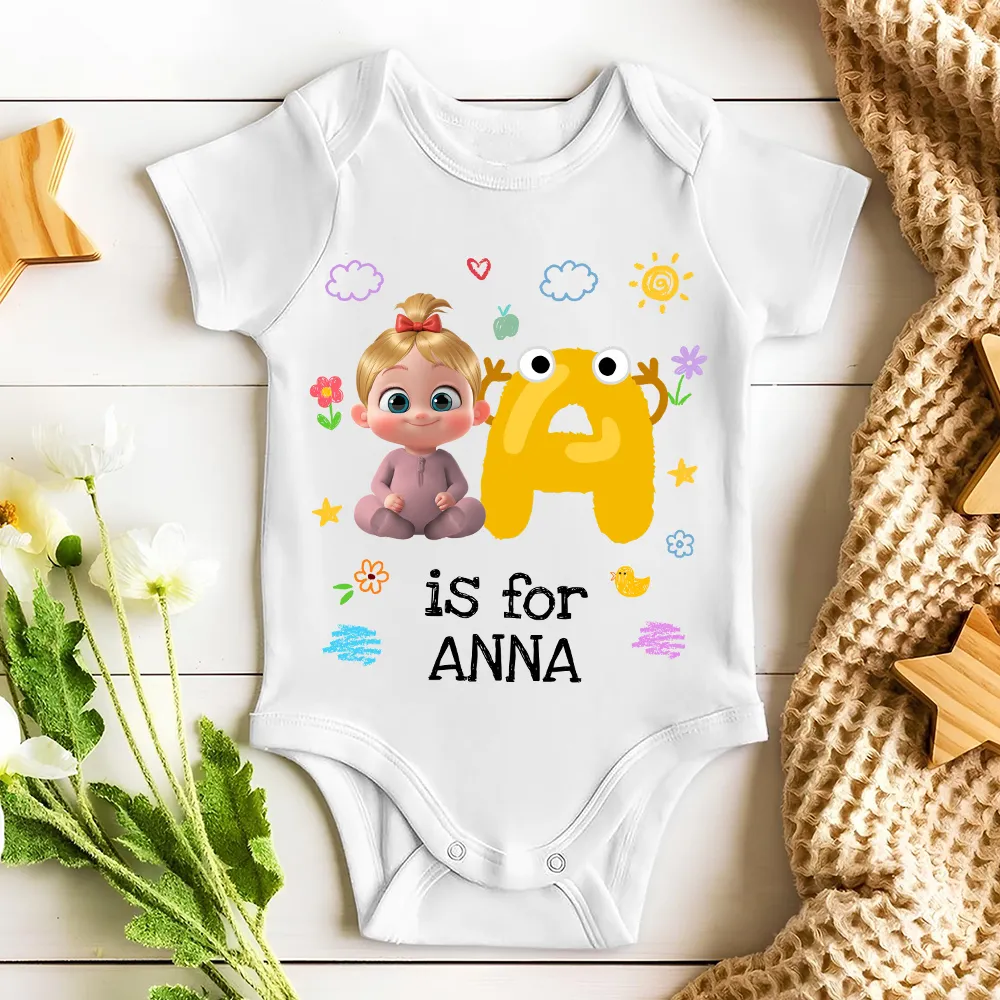 Short Sleeve Baby Onesie, Personalized A Is For Name Cute Print - Photo-Ready Newborn Gift Idea - Image 7