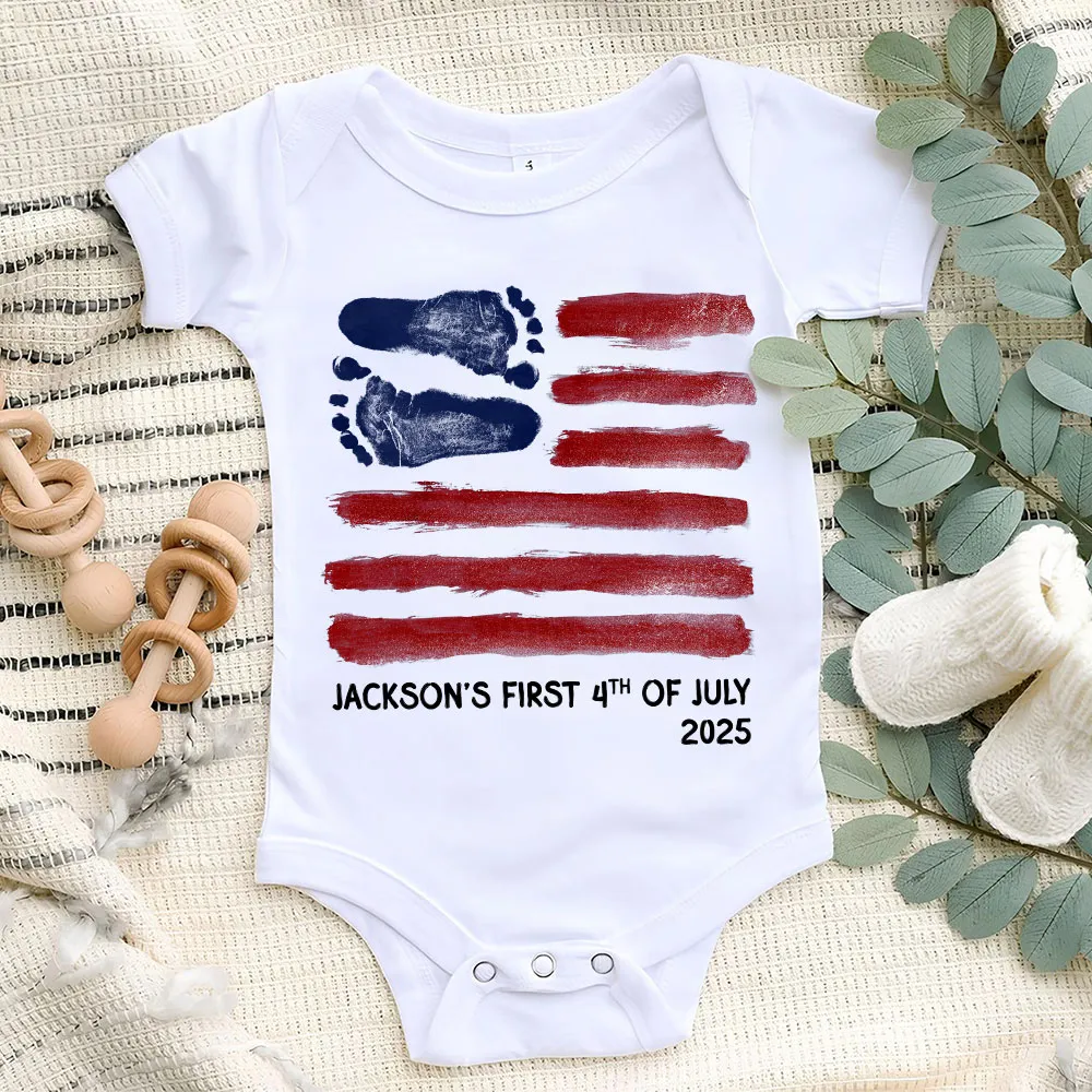 Short Sleeve Baby Onesie with Baby Footprints American Flag - Personalized Keepsake Outfit, Sweet Gift for New Parents - Image 3