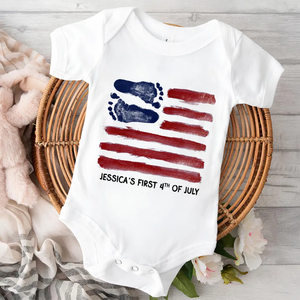 Short Sleeve Baby Onesie with Baby Footprints American Flag - Personalized Keepsake Outfit, Sweet Gift for New Parents - Image 5