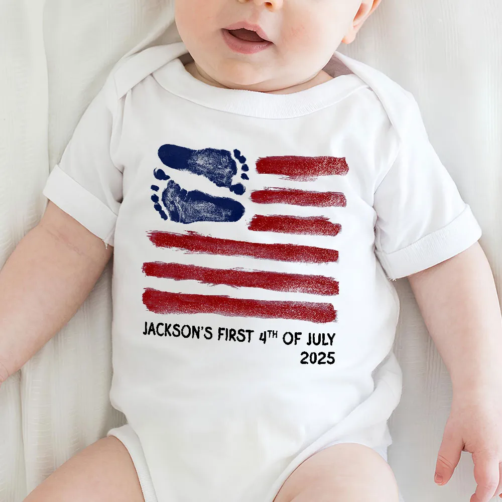Short Sleeve Baby Onesie with Baby Footprints American Flag - Personalized Keepsake Outfit, Sweet Gift for New Parents - Image 6