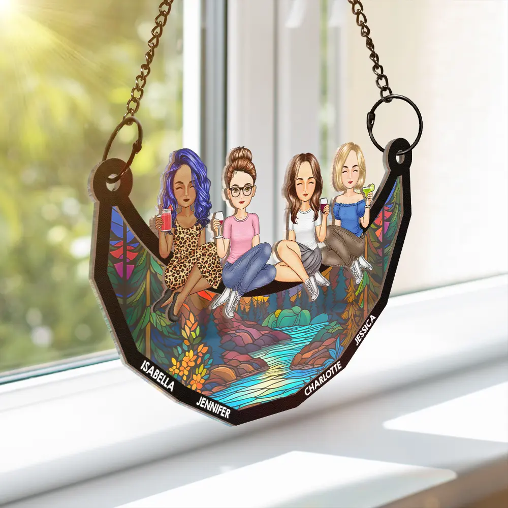 Personalized Best Friends Sitting on a Crescent Moon Wood and Acrylic Layered Ornament, Vibrant Window Display, Unique Gift - Image 4