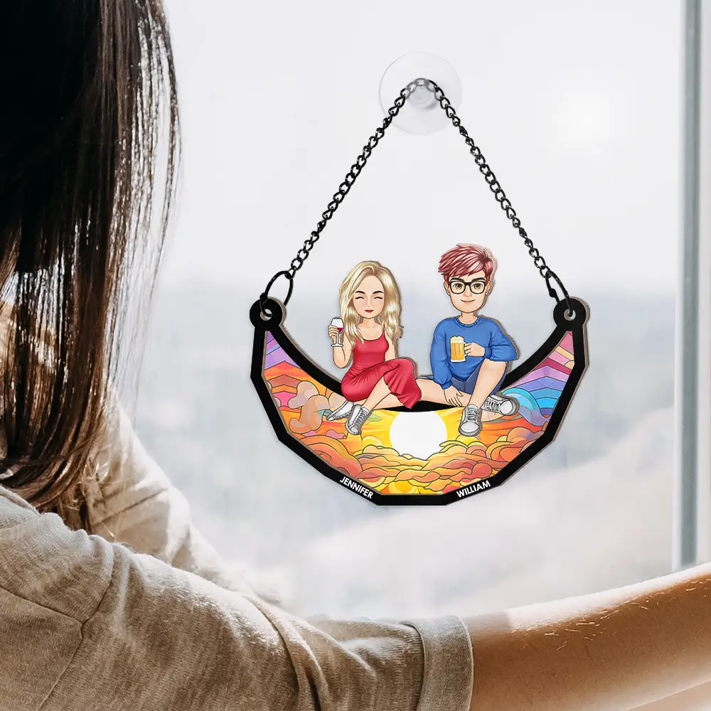 Personalized Best Friends Sitting on a Crescent Moon Wood and Acrylic Layered Ornament, Vibrant Window Display, Unique Gift - Image 6