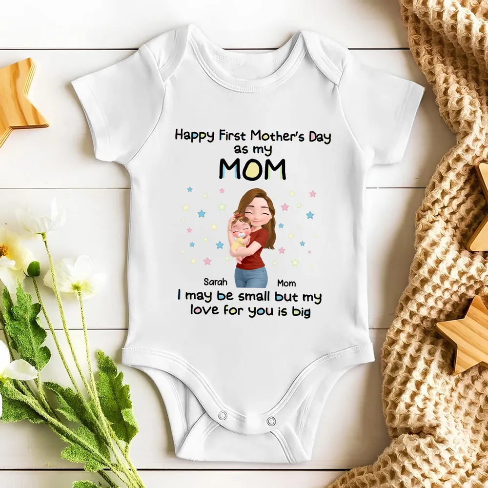 Personalized Short Sleeve Baby Onesie 'Happy First Mother's Day as my Mom' Cute Mom & Baby Hug Gift for New Mom - Image 3