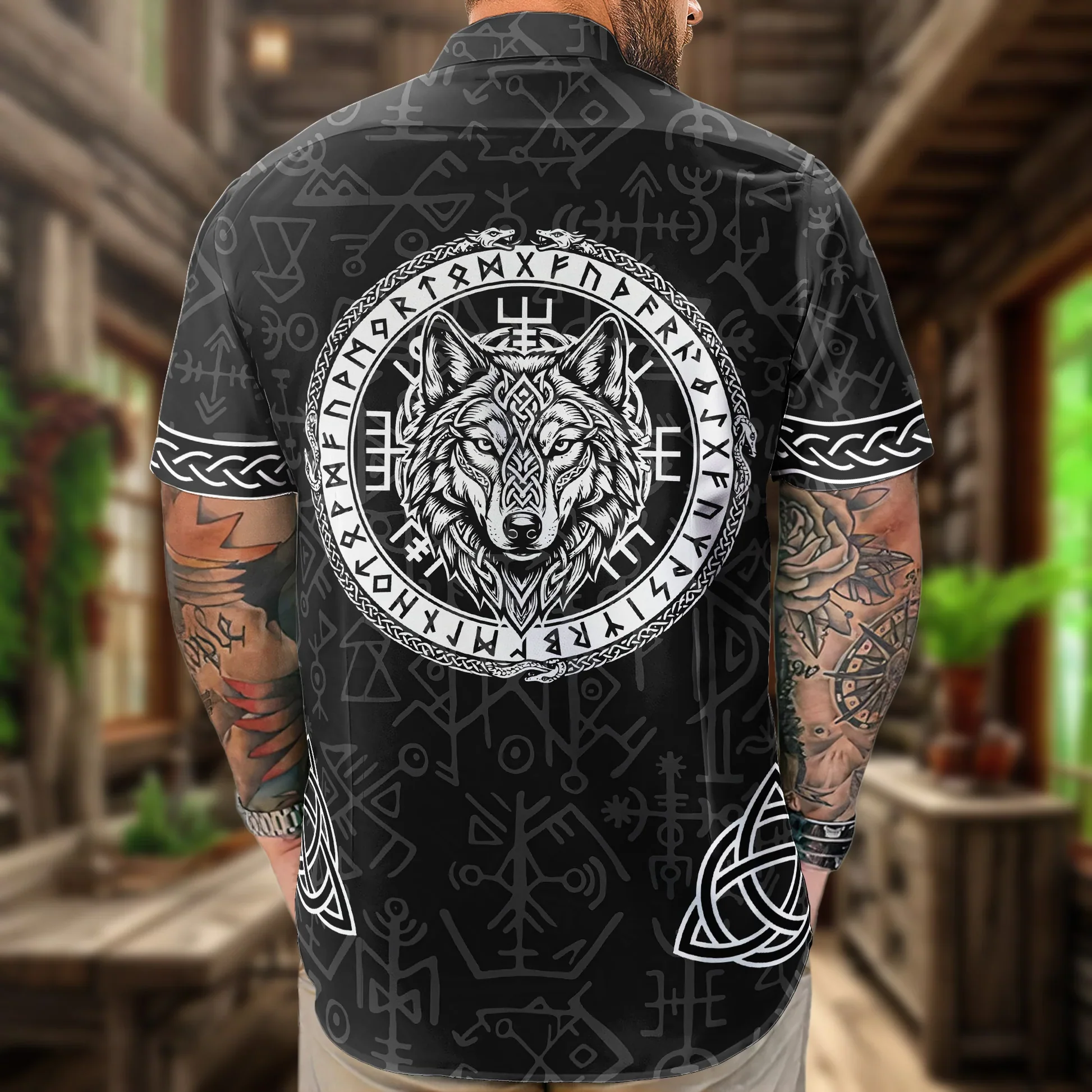 Personalized Viking Rune Hawaiian Shirt, Black Wolf Norse Mythology Vacation Beach Outfit, Unique Gift For Him - Image 3