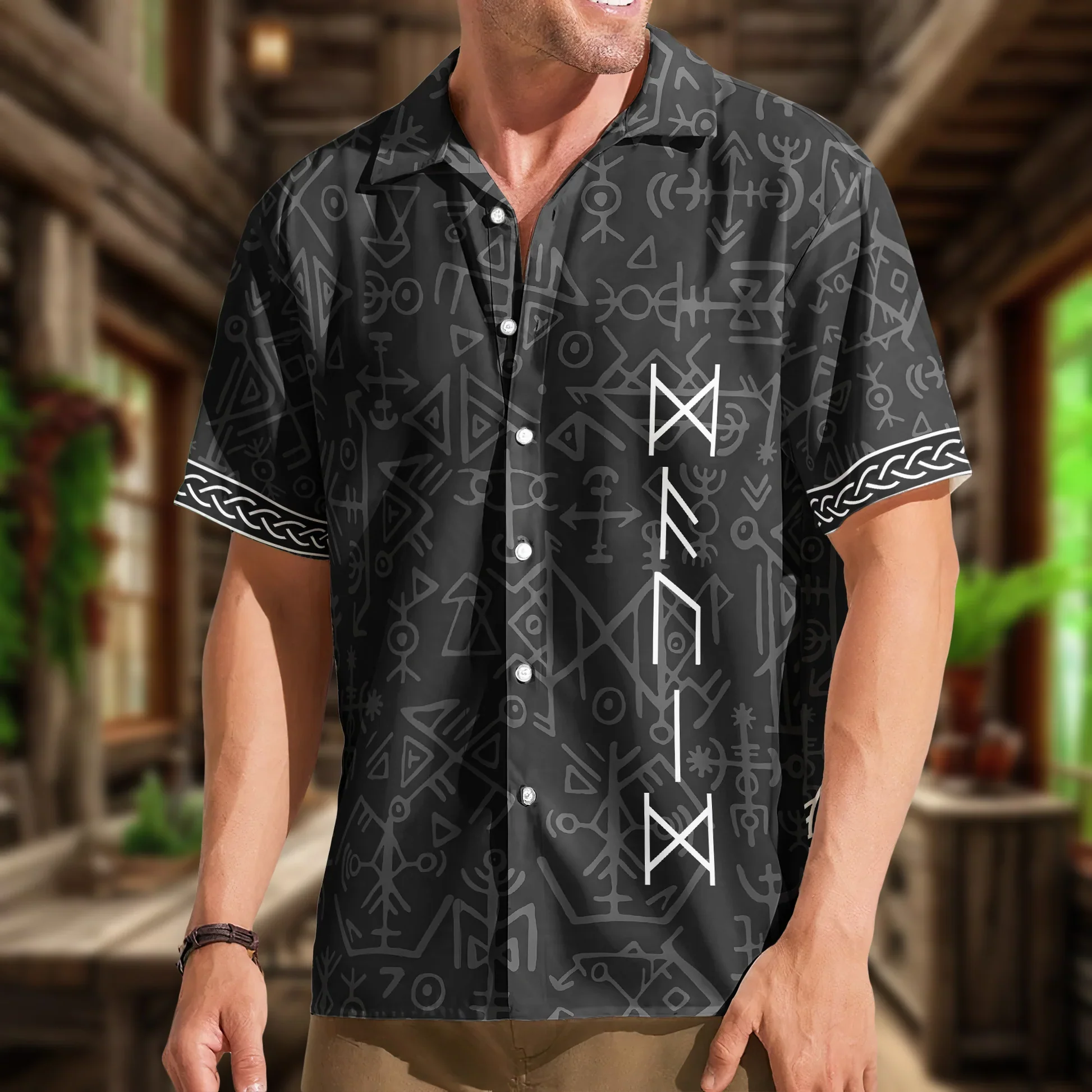 Personalized Viking Rune Hawaiian Shirt, Black Wolf Norse Mythology Vacation Beach Outfit, Unique Gift For Him - Image 4