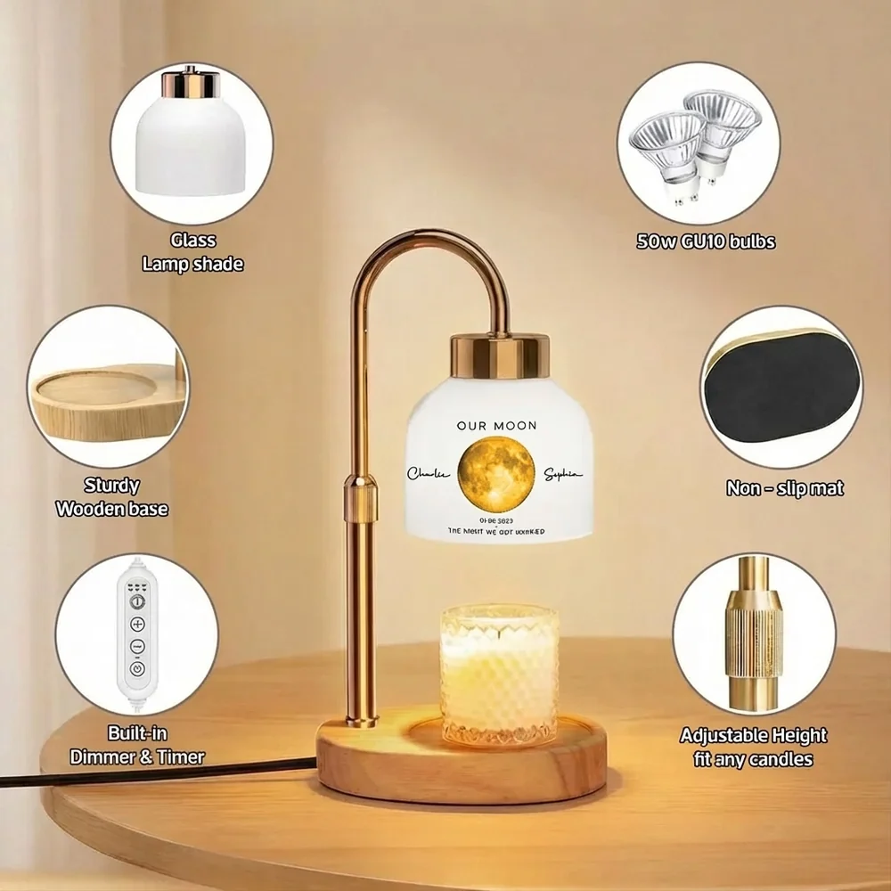 Personalized Our Moon Candle Warmer Lamp With Custom Moon Phase, Cozy Bedroom Decor, Unique Anniversary Gift for Couple - Image 4