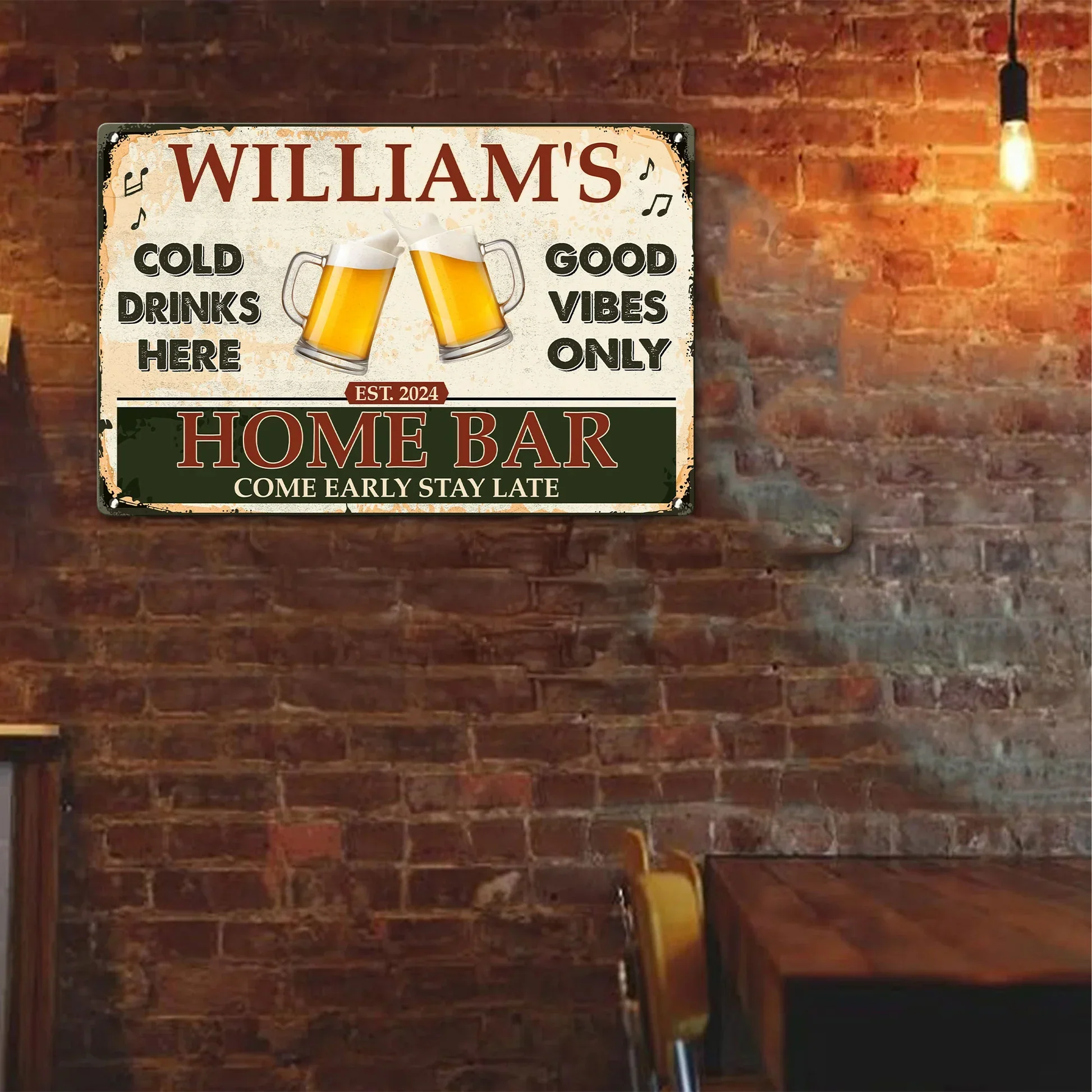 Personalized Home Bar Rectangular Iron Sign with Clinking Beer Mugs - Cold Drinks Here, Unique Gift for Dad - Image 3