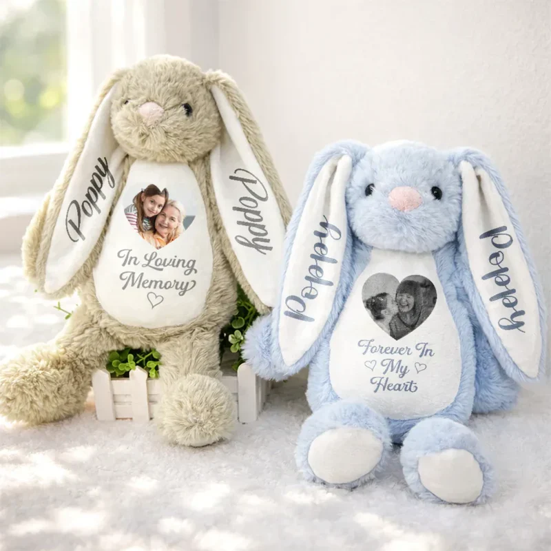 Personalized Plush Bunny With Photo Memorial Gift, A Cuddle From Heaven Keepsake For Family, Soft Pink Comfort - Image 3
