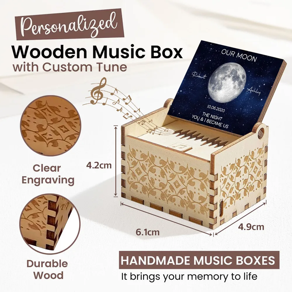 Wooden Music Box Personalized for Your Special Night, Moonlit Sky Design, Romantic Anniversary Gift for Couple - Image 4