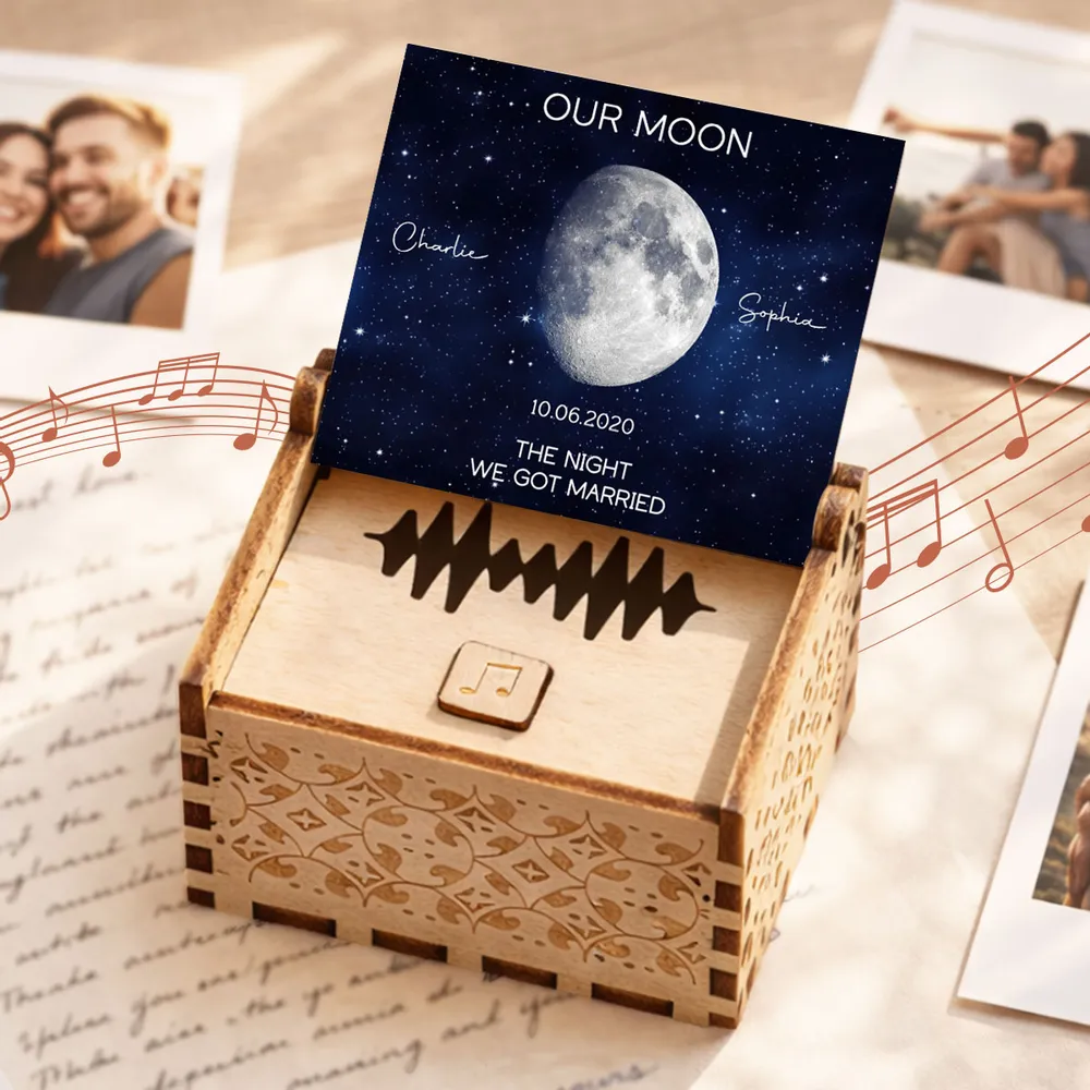 Wooden Music Box Personalized for Your Special Night, Moonlit Sky Design, Romantic Anniversary Gift for Couple - Image 7