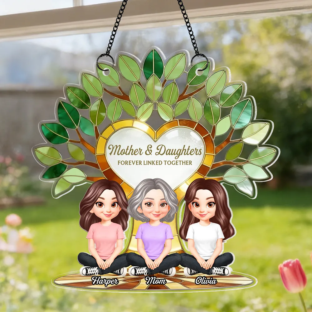 Acrylic Suncatcher Ornament with Mother and Daughters Forever Linked Together - Personalized Sunlit Window Gift for Mom - Image 3