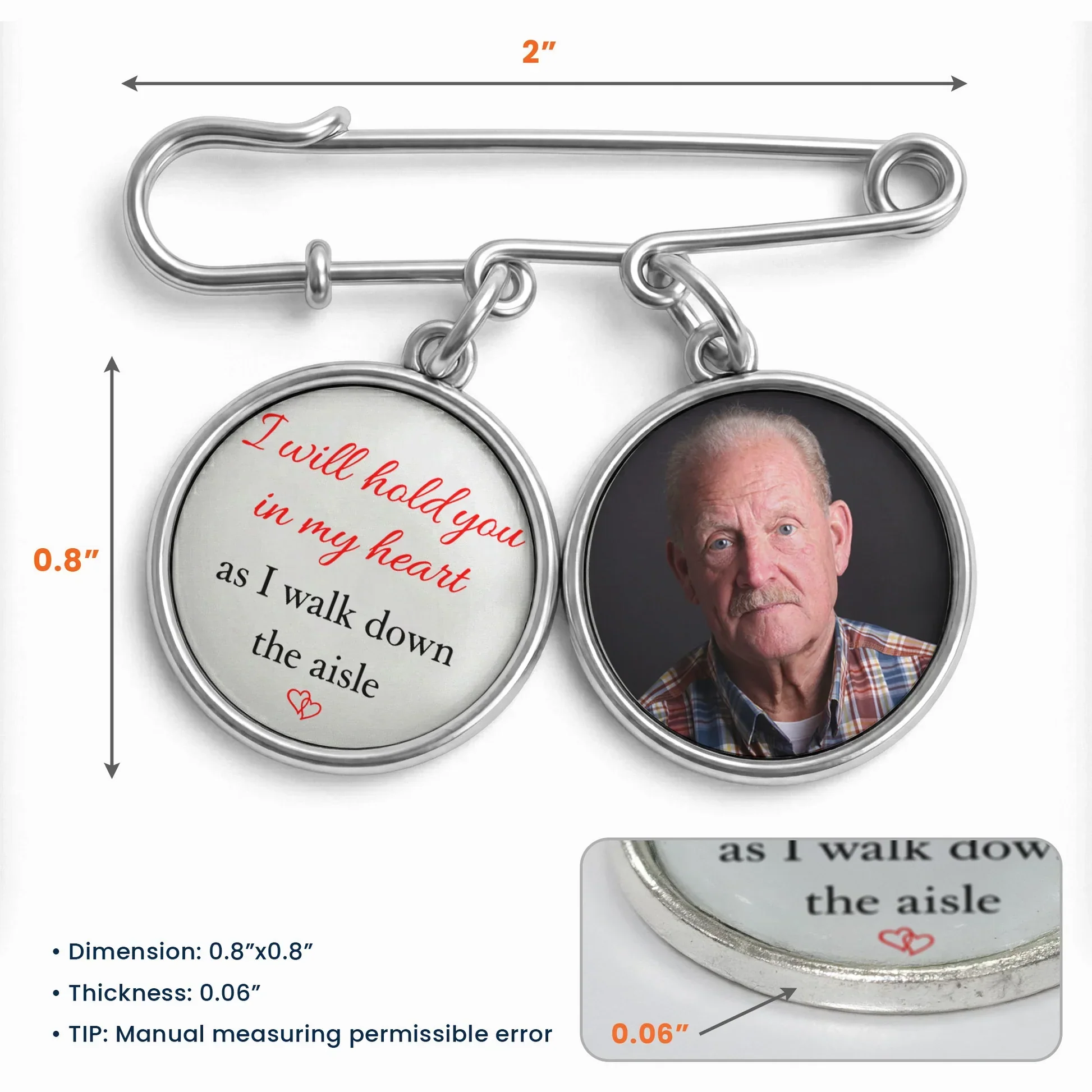 Personalized Alloy Charm Lapel Pin With Custom Photo - Wedding Day Memorial Gift, Hold You In My Heart - Image 4