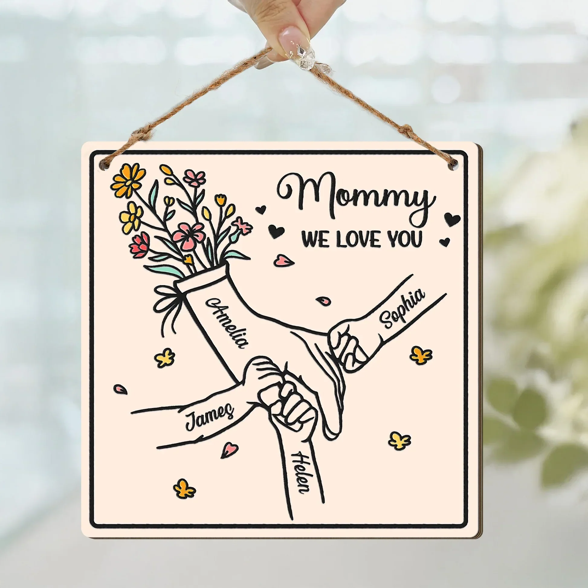Personalized Wooden Sign, Mommy We Love You Hands Holding Floral Art, Sweet Home Decor, Unique Gift for Mom - Image 3