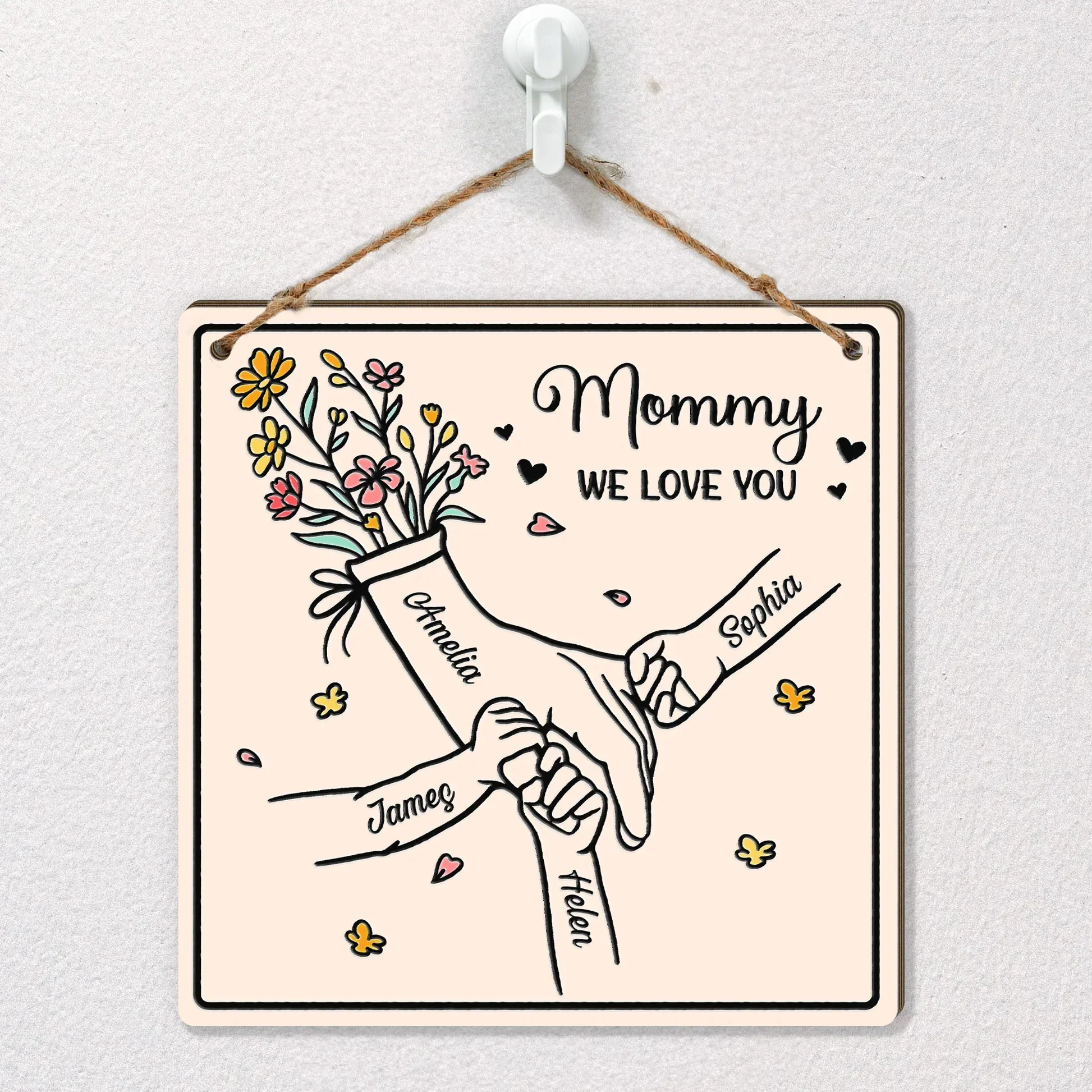 Personalized Wooden Sign, Mommy We Love You Hands Holding Floral Art, Sweet Home Decor, Unique Gift for Mom - Image 6