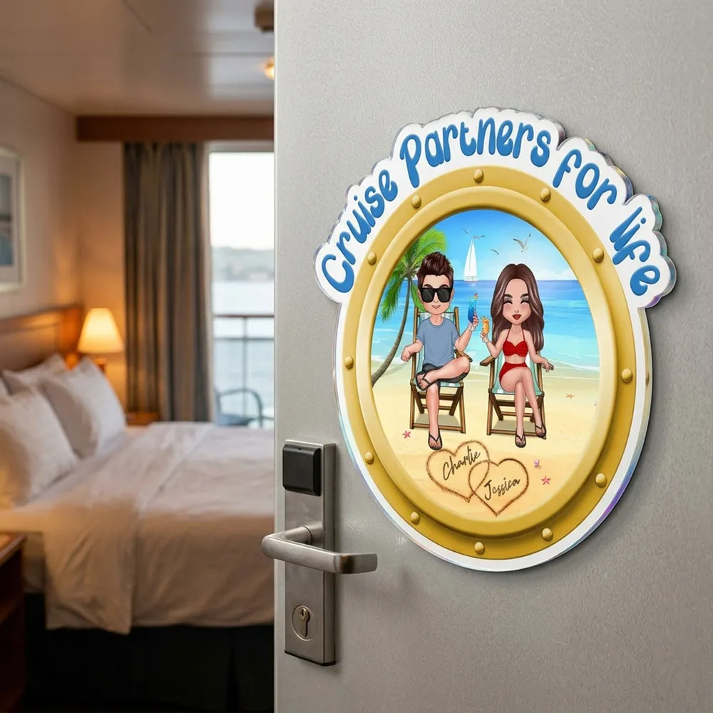 Personalized Acrylic Fridge Magnet Cruise Partners For Life Beach Couple Sitting Scene - Unique Couple Gift - Image 3