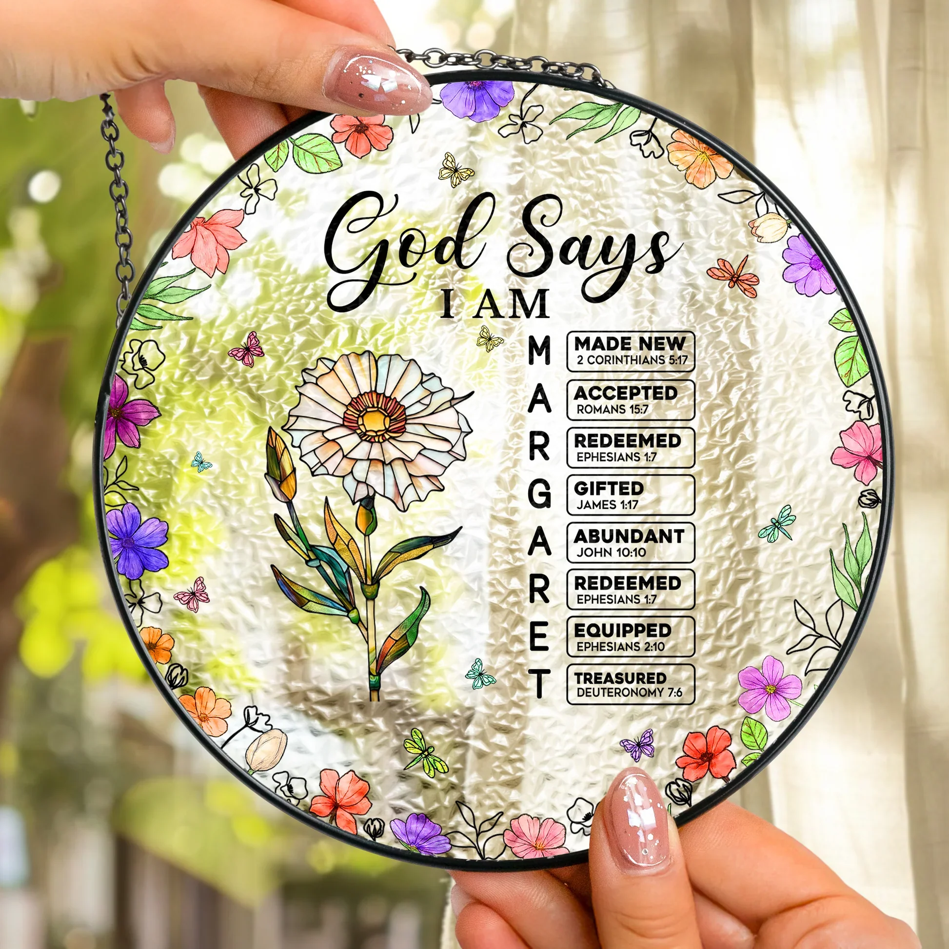 Glass Suncatcher Ornament With God Says I Am Quote and Wildflowers - Bright Window Decor, Thoughtful Encouragement Gift - Image 3