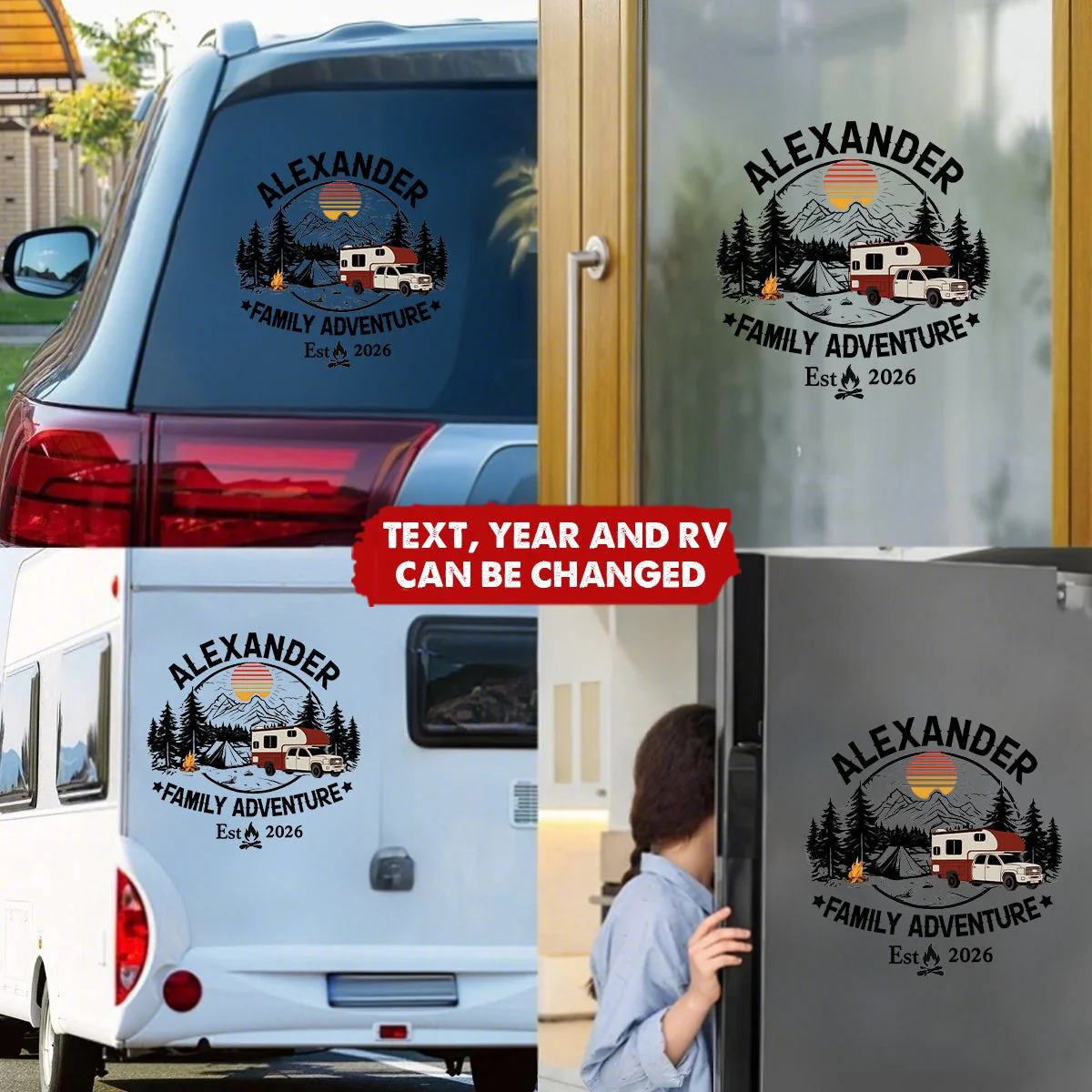 Personalized Family Adventure Sticker Decal for RV or Camper, Mountain Sunset Camping Scene, Unique Custom Gift - Image 4