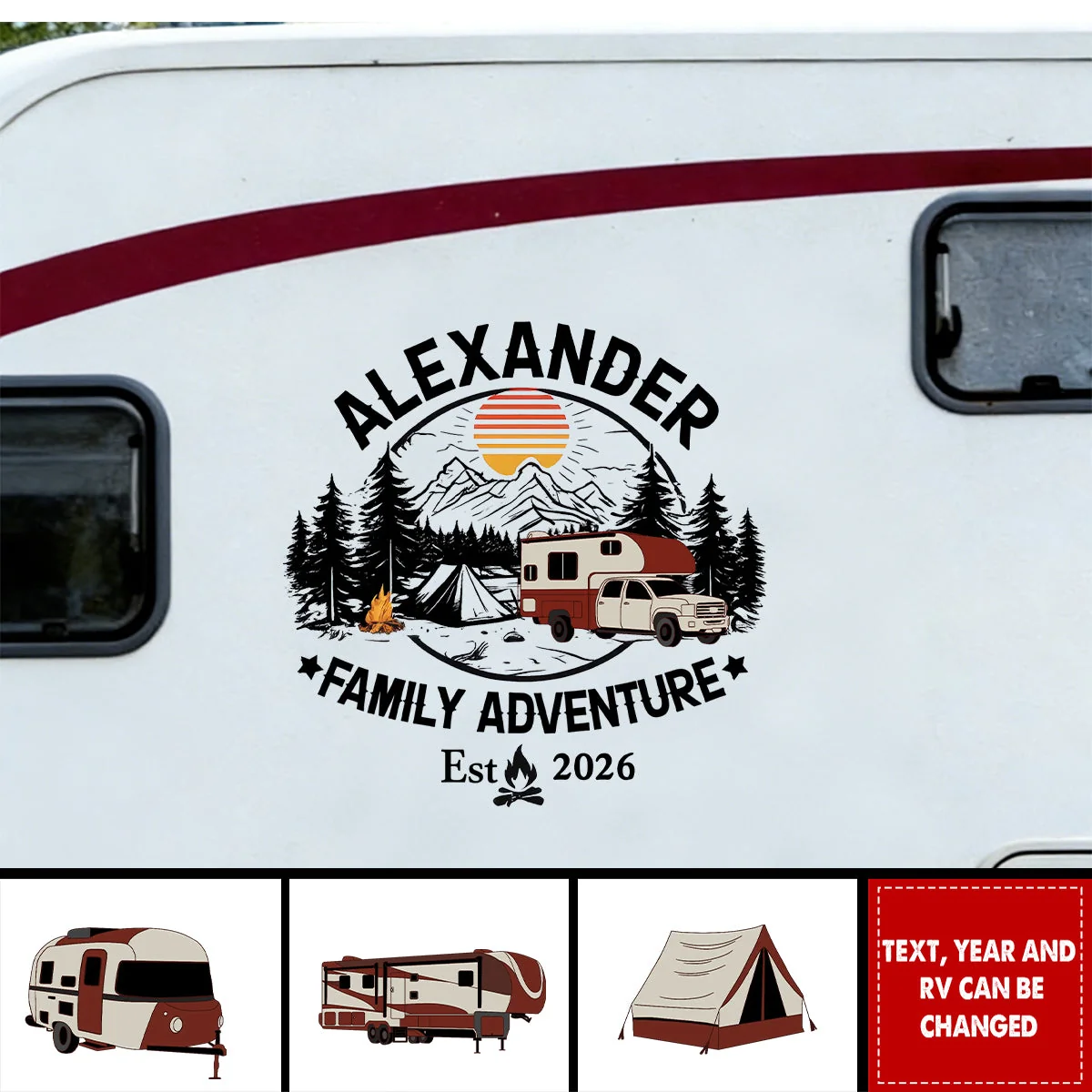 Personalized Family Adventure Sticker Decal for RV or Camper, Mountain Sunset Camping Scene, Unique Custom Gift - Image 5