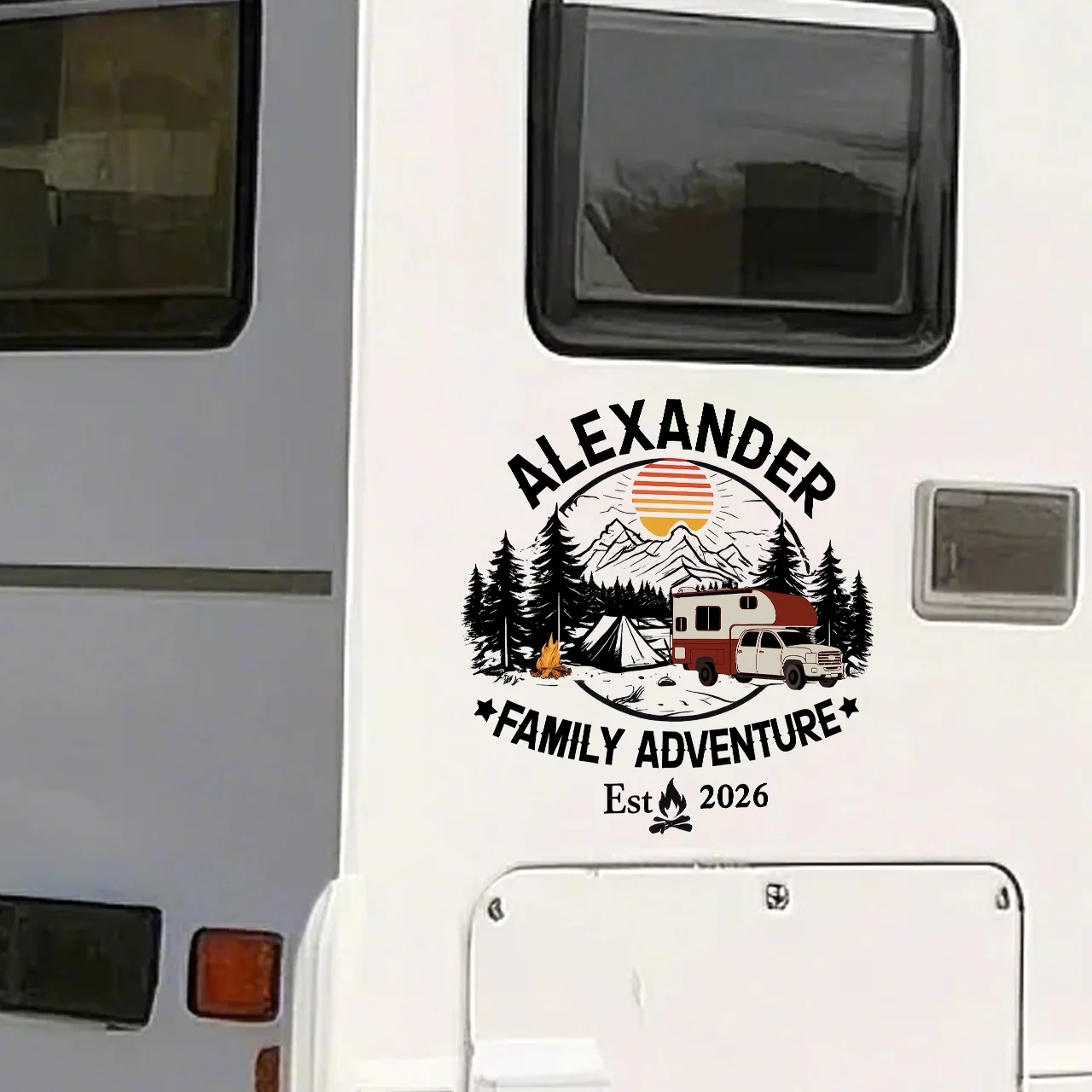 Personalized Family Adventure Sticker Decal for RV or Camper, Mountain Sunset Camping Scene, Unique Custom Gift - Image 6