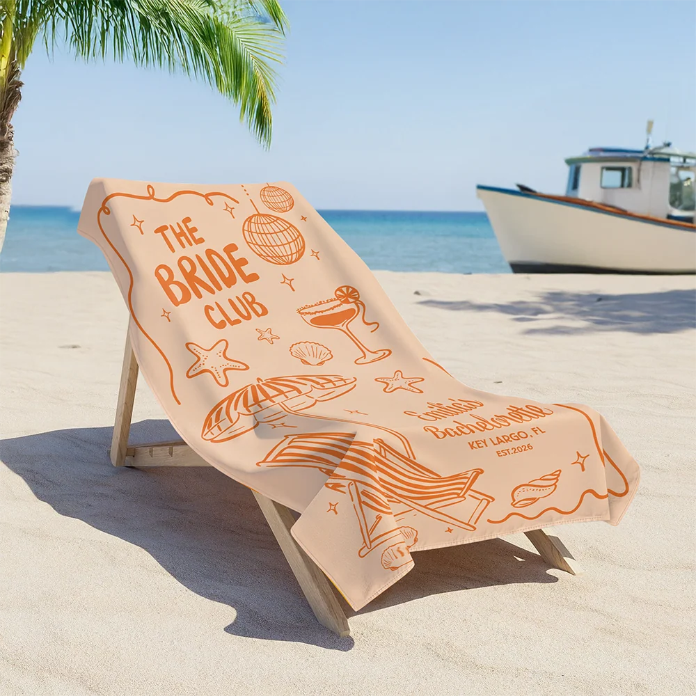 Personalized Beach Towel The Bride Club, Custom Girls Trip Poolside Gift with Retro Beach Icons for the Bride Squad - Image 3