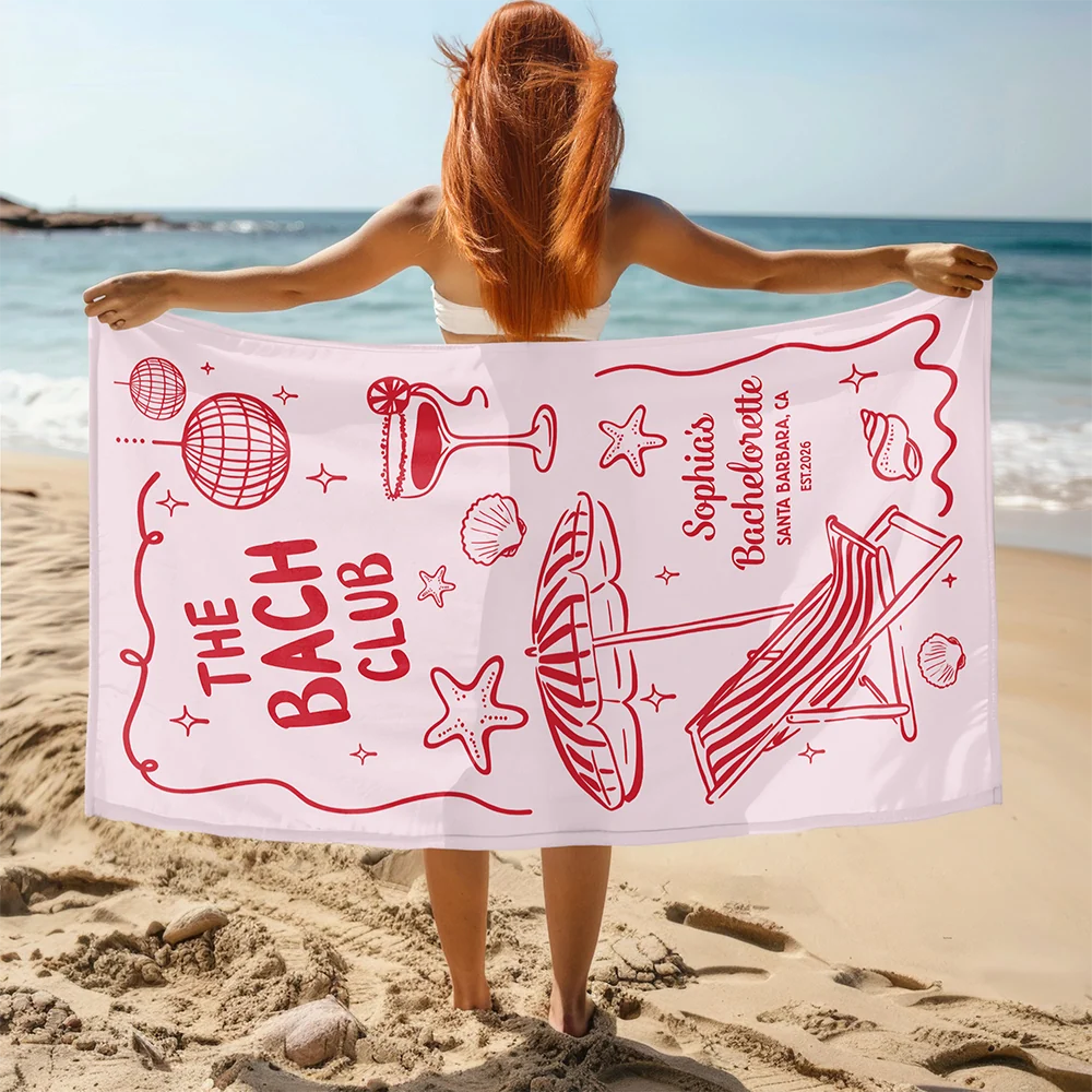 Personalized Beach Towel The Bride Club, Custom Girls Trip Poolside Gift with Retro Beach Icons for the Bride Squad - Image 4