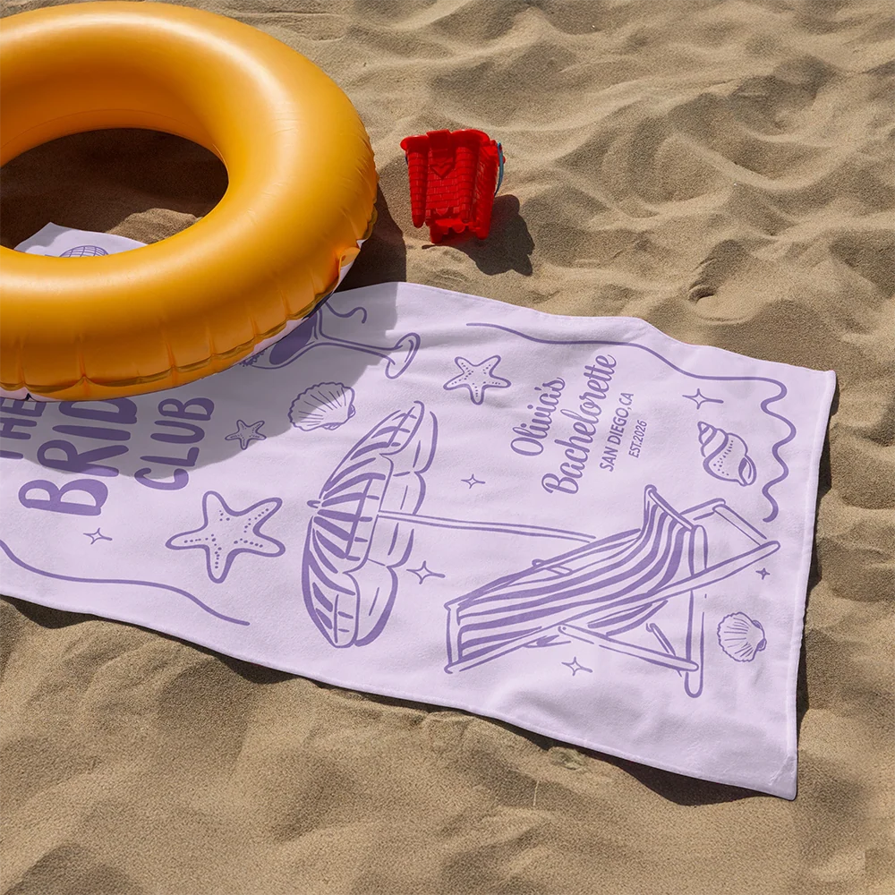 Personalized Beach Towel The Bride Club, Custom Girls Trip Poolside Gift with Retro Beach Icons for the Bride Squad - Image 5