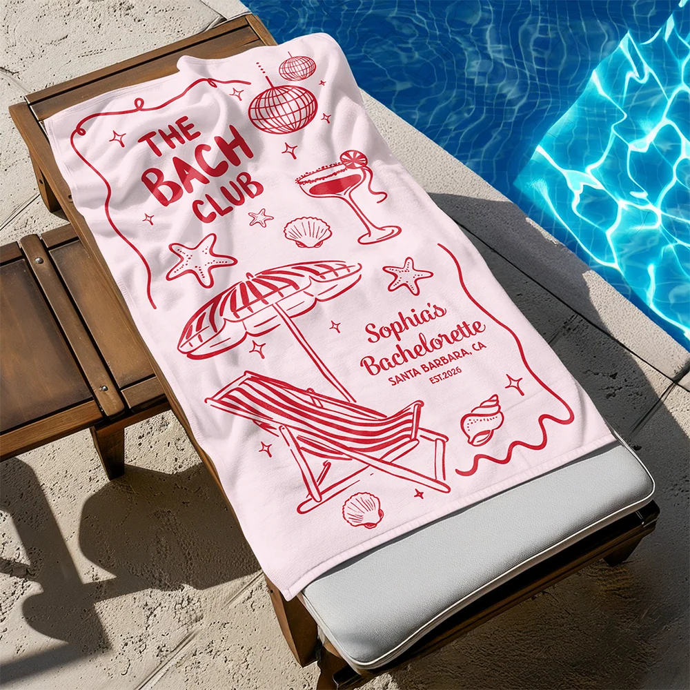 Personalized Beach Towel The Bride Club, Custom Girls Trip Poolside Gift with Retro Beach Icons for the Bride Squad - Image 6