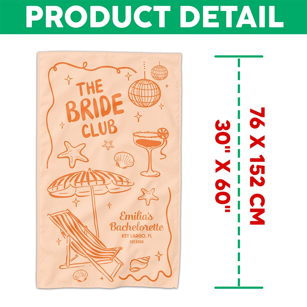 Personalized Beach Towel The Bride Club, Custom Girls Trip Poolside Gift with Retro Beach Icons for the Bride Squad - Image 7