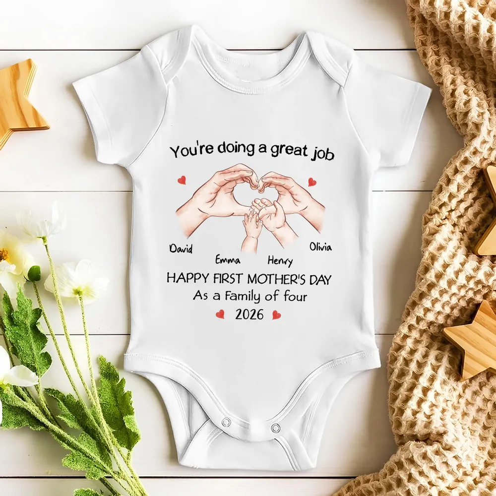 Personalized Short Sleeve Baby Onesie, Heart Hands Family Illustration, Unique First Mother's Day Gift Idea - Image 5