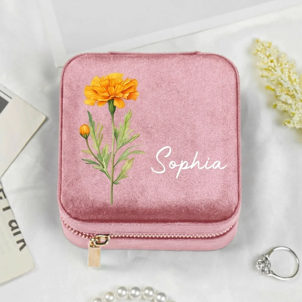 Velvet Travel Jewelry Box, Personalized Floral Keepsake for Everyday Rings and Earrings, Unique Gift for Mom or Friend - Image 3