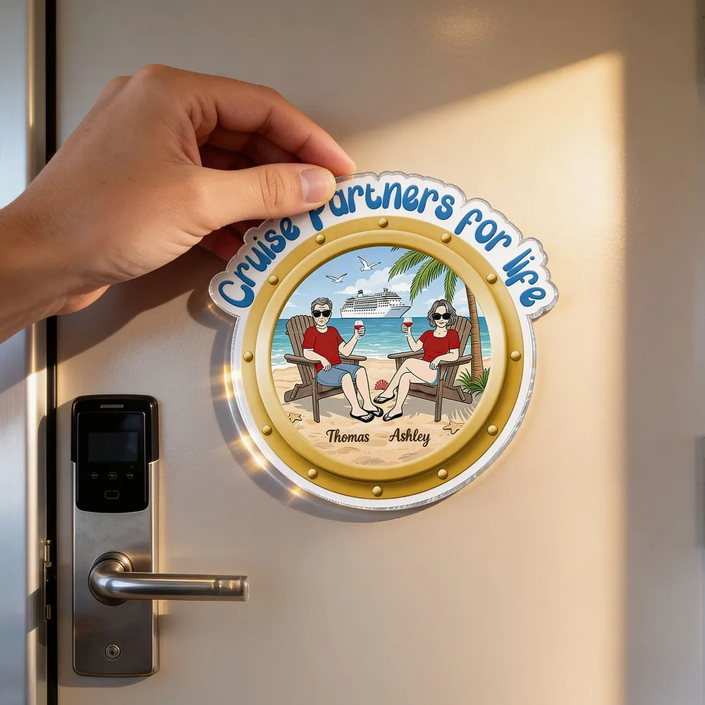 Personalized Cruise Partners For Life Acrylic Magnet, Beach Couple Toasting Porthole Design, Unique Gift for Couples - Image 3