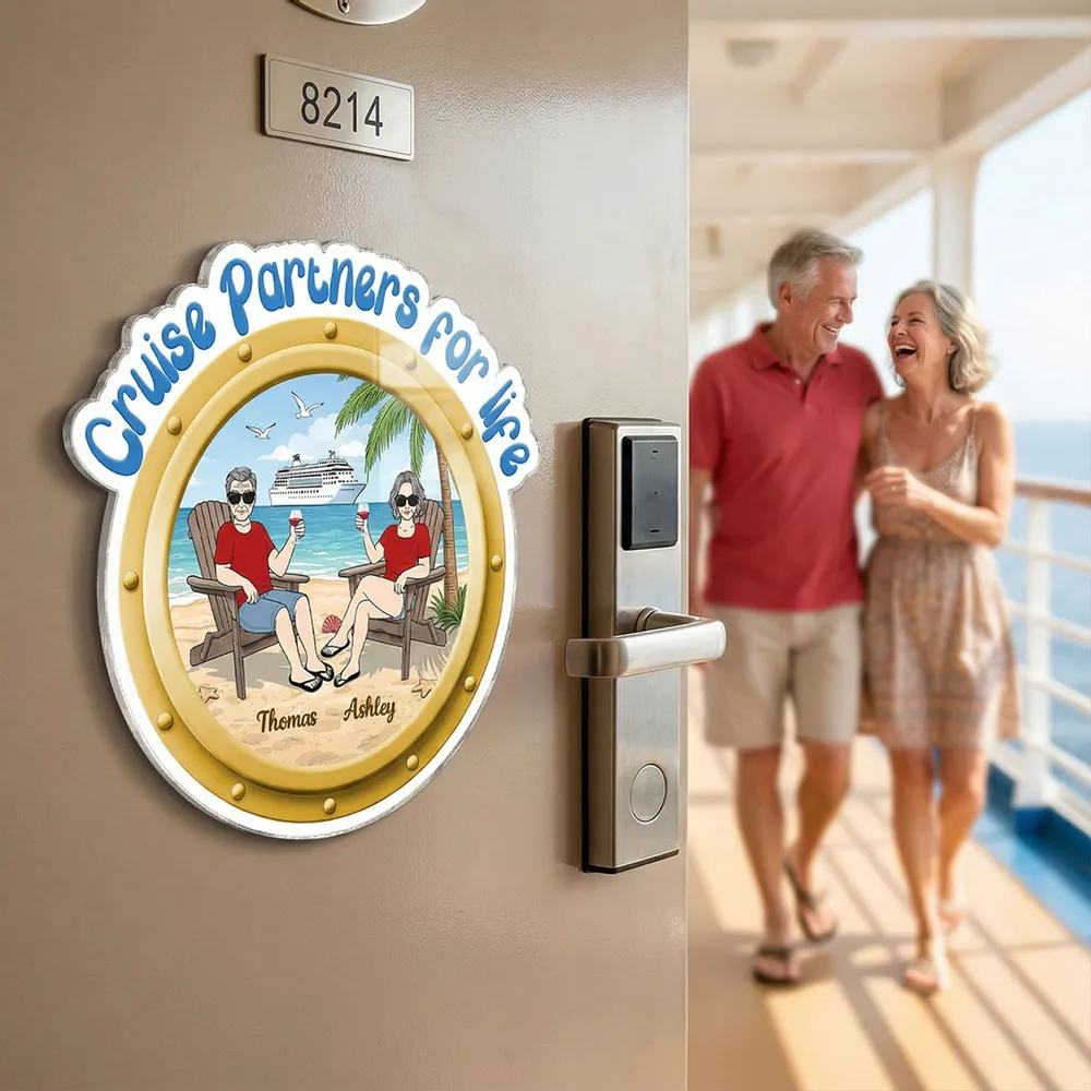 Personalized Cruise Partners For Life Acrylic Magnet, Beach Couple Toasting Porthole Design, Unique Gift for Couples - Image 4