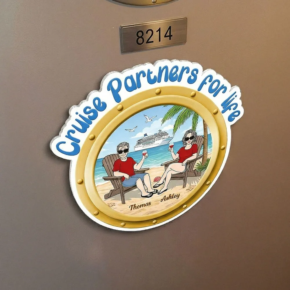 Personalized Cruise Partners For Life Acrylic Magnet, Beach Couple Toasting Porthole Design, Unique Gift for Couples - Image 7