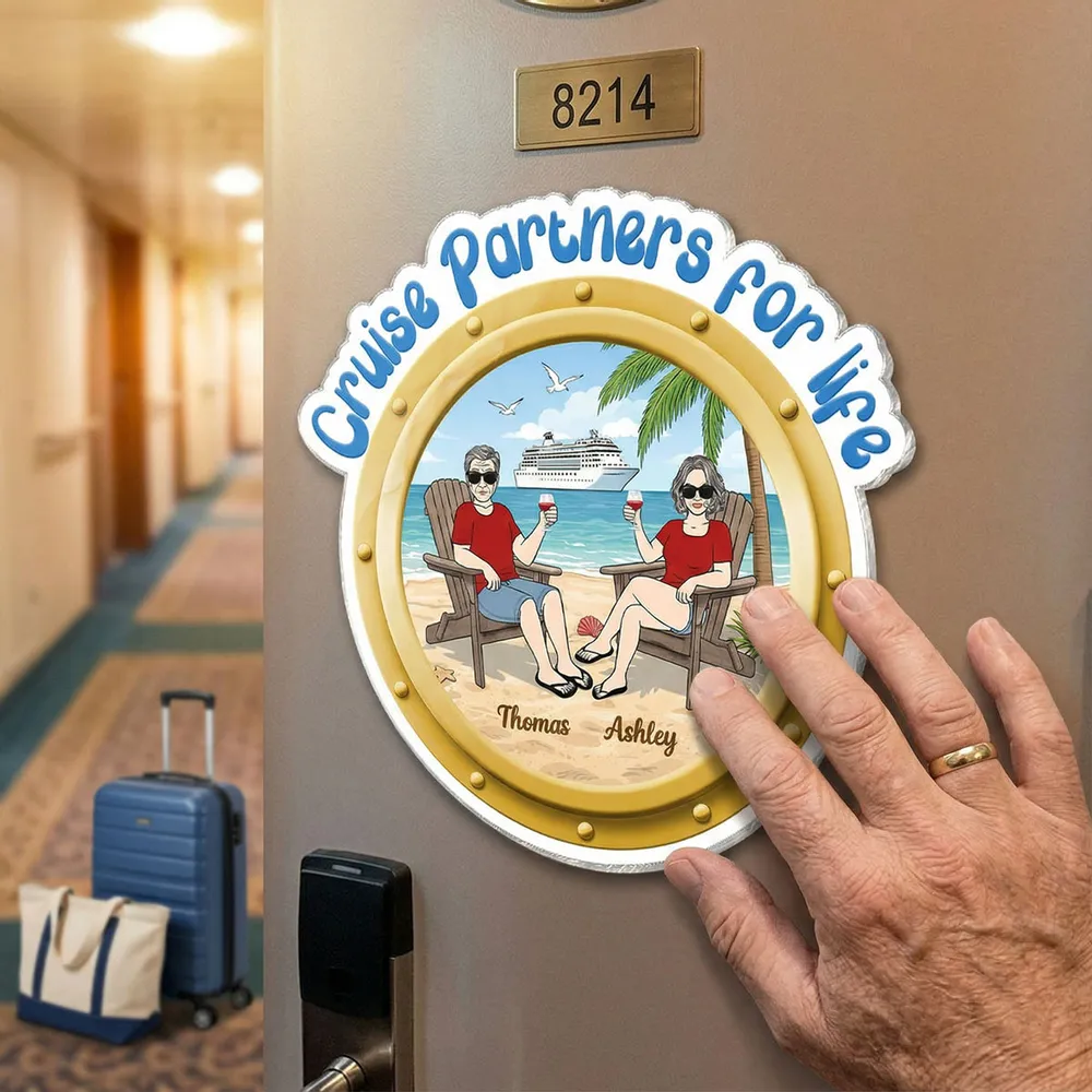 Personalized Cruise Partners For Life Acrylic Magnet, Beach Couple Toasting Porthole Design, Unique Gift for Couples - Image 8