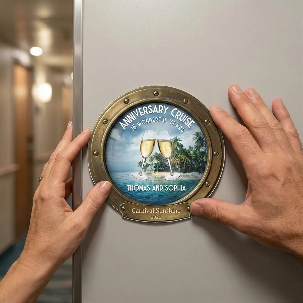 Personalized Anniversary Cruise Acrylic Magnet, Champagne Toast Beach Scene, Unique Couple Gift for Cabin Door - Image 3
