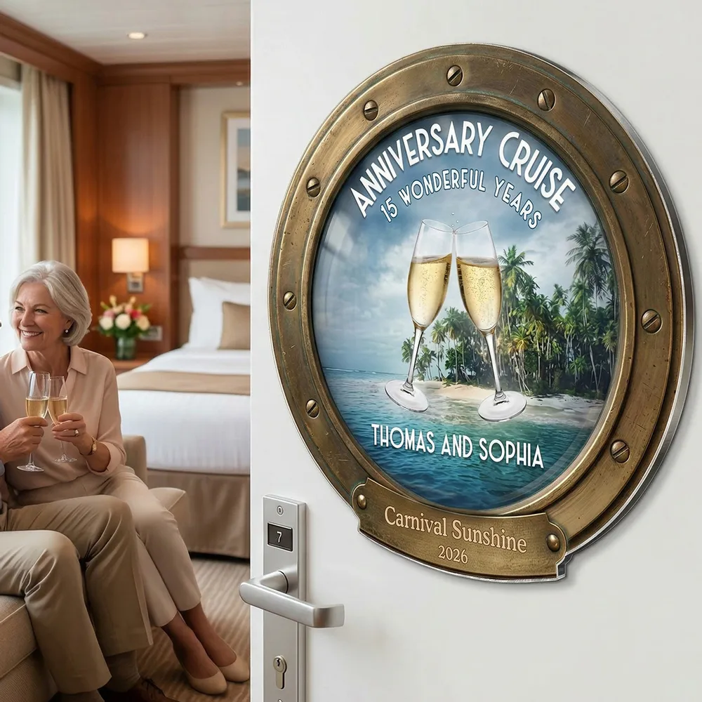 Personalized Anniversary Cruise Acrylic Magnet, Champagne Toast Beach Scene, Unique Couple Gift for Cabin Door - Image 4