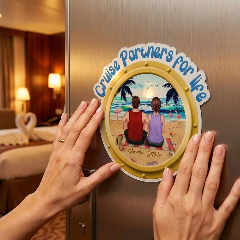 Personalized Cruise Partners for Life Acrylic Magnet, Back View Couple Sitting on a Beach Porthole, Unique Gift for Couples - Image 3