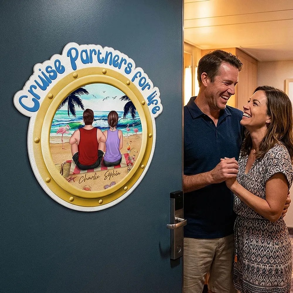 Personalized Cruise Partners for Life Acrylic Magnet, Back View Couple Sitting on a Beach Porthole, Unique Gift for Couples - Image 4