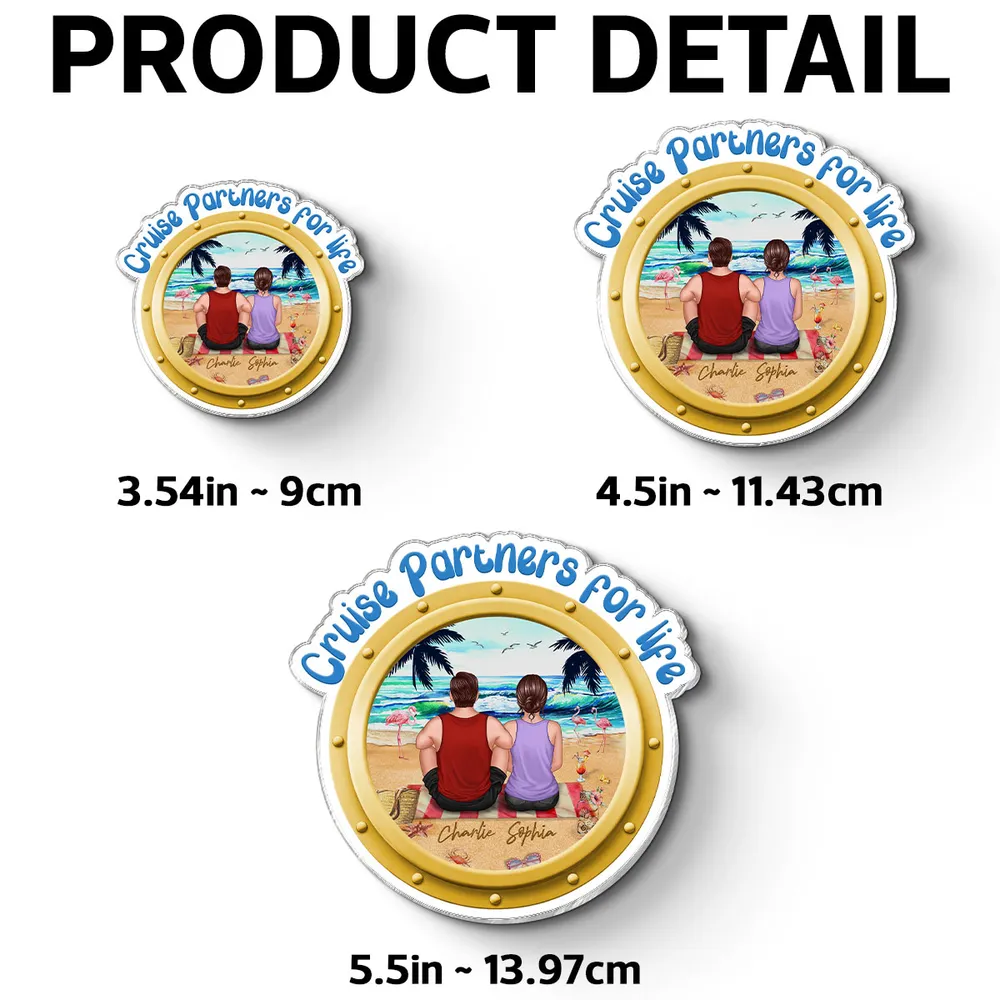 Personalized Cruise Partners for Life Acrylic Magnet, Back View Couple Sitting on a Beach Porthole, Unique Gift for Couples - Image 5