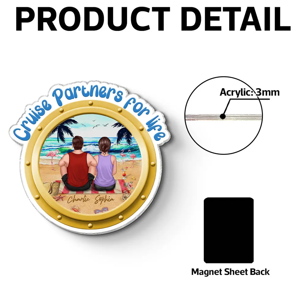 Personalized Cruise Partners for Life Acrylic Magnet, Back View Couple Sitting on a Beach Porthole, Unique Gift for Couples - Image 6